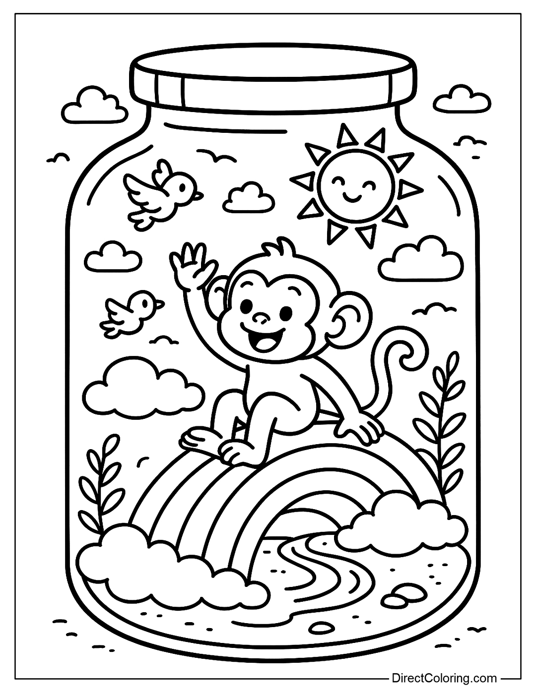 Monkey with Rainbow in a Jar Coloring Page